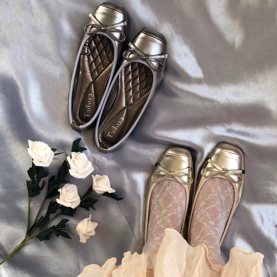 WANWAN HUIFENG ZHIXUN의 같은 스타일 발레 복고풍 사각형 발가락 활 금 얕은 입 플랫 요정 신발