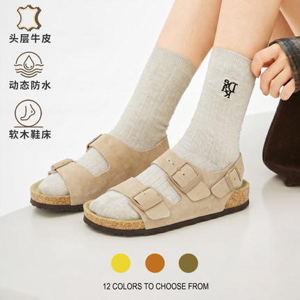 头层牛皮三扣凉鞋外穿勃肯拖鞋女磨砂软木凉鞋勃肯防滑休闲情侣