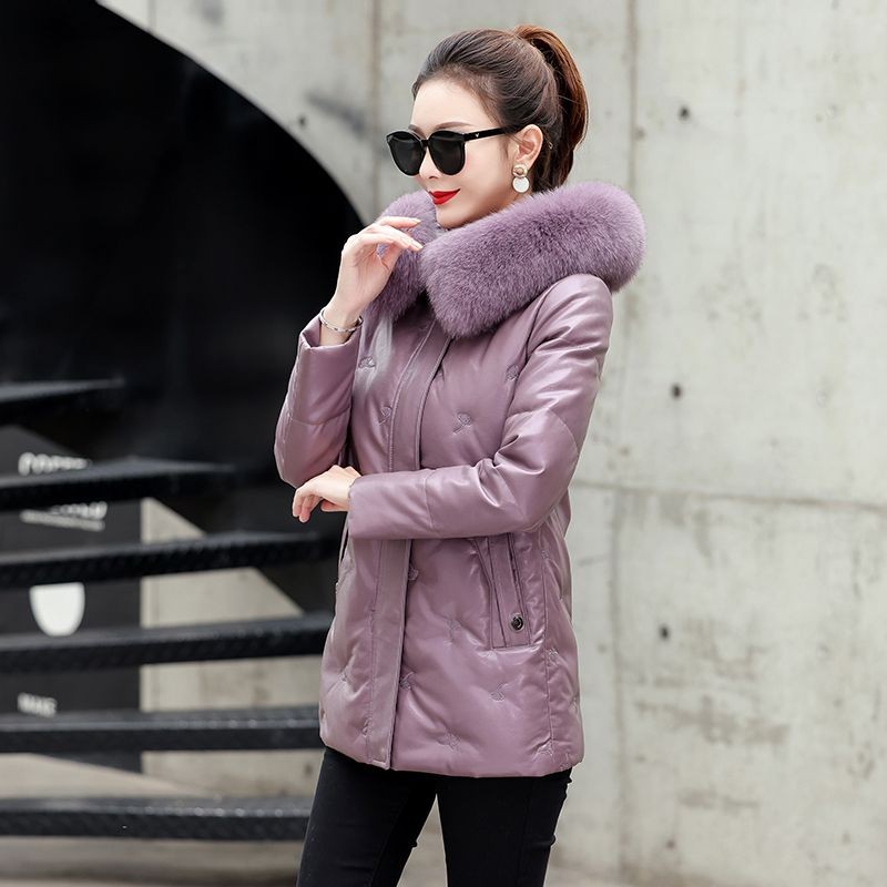 海宁皮衣真皮羽绒服女2025冬季新款狐狸毛领中长款连帽绵羊皮外套