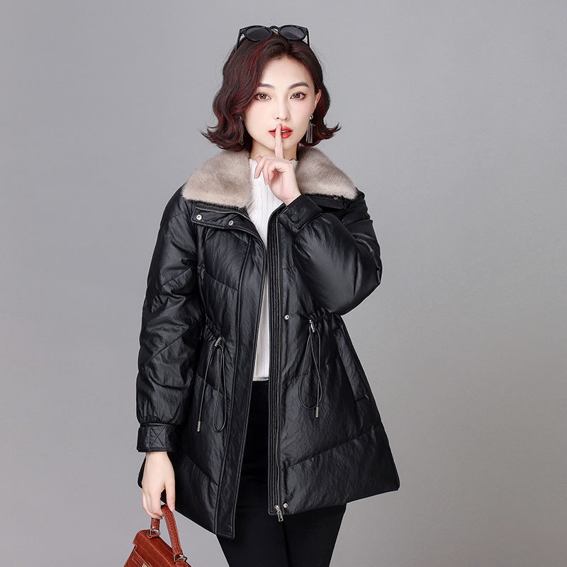 海宁真皮羽绒服皮衣女宽松型绵羊皮水貂毛领冬季外套保暖大衣新款