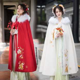 原创秋意晚新款中国风刺绣斗篷加绒加厚可拆毛领日常款汉服披风女