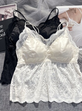 6890蕾丝交叉美背长款抹胸侧开叉固定薄杯内搭内衣女无钢圈性感夏
