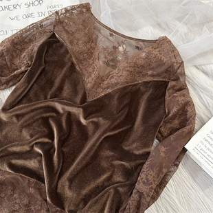 6860春秋新款女装微胖大版性感V领丝绒打底背心蕾丝花边显瘦透气