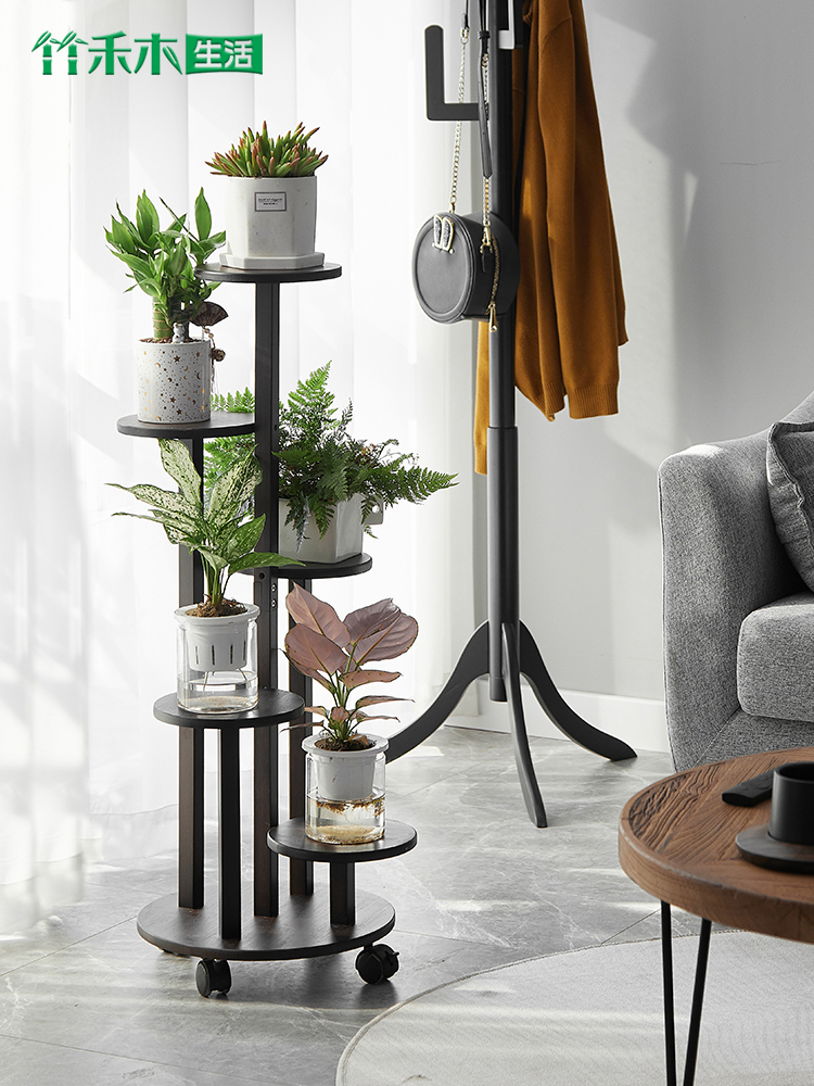 花架竹制储物架多层阳台带轮子的多肉花盆架客厅落地式花架