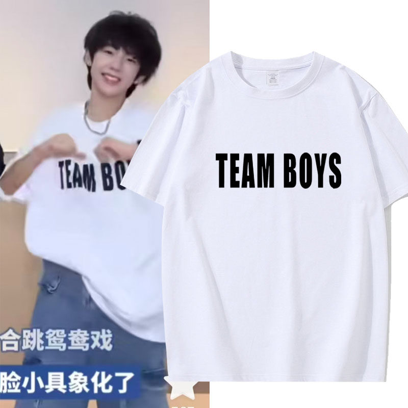 Team boys张嘉懿同款嘻哈宽松纯棉短袖old school 街舞小领口T恤 - 实物图