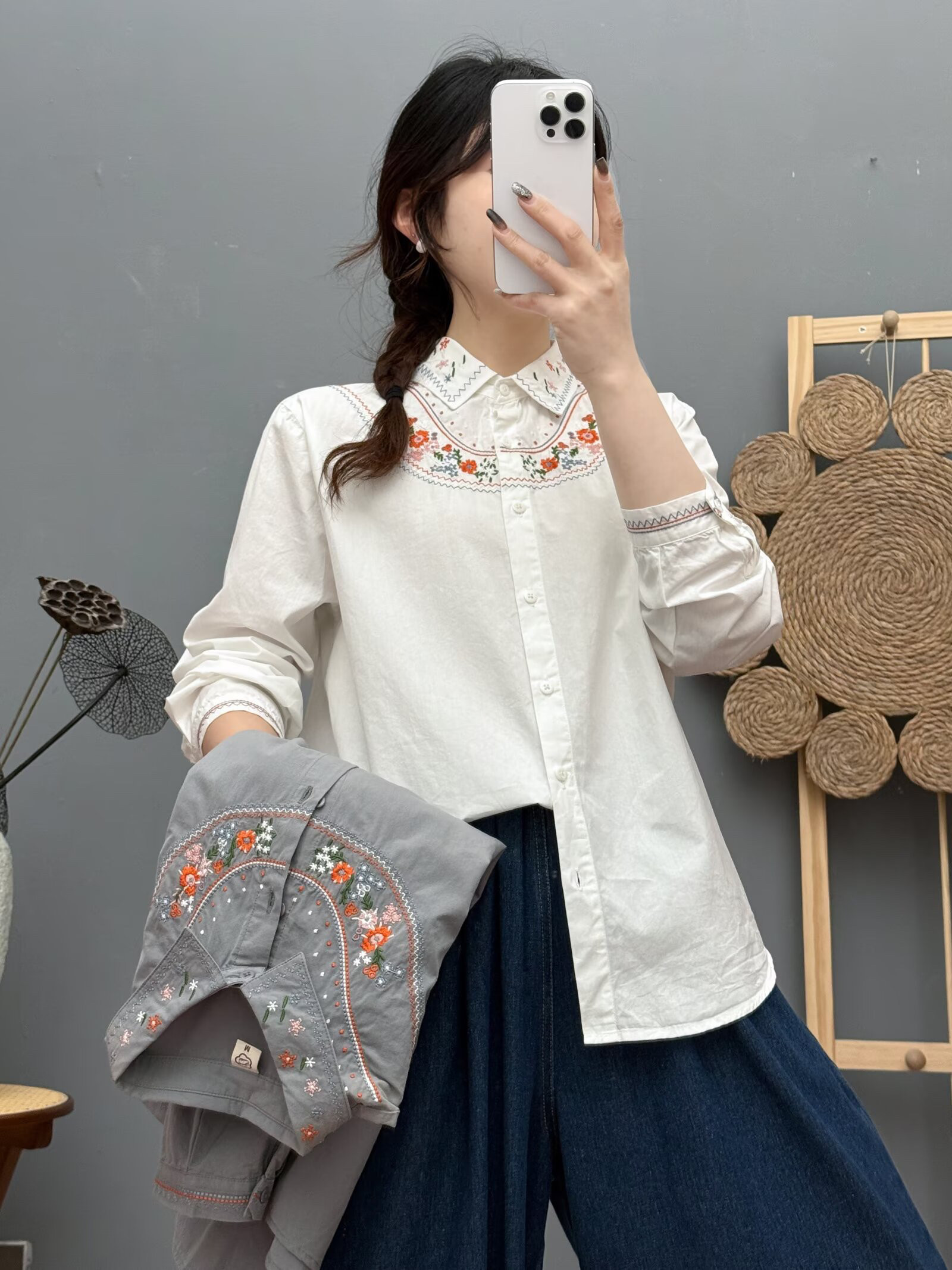 2025春季新款刺绣纯棉衬衫女通勤百搭打底衬衫宽松衬衣上衣