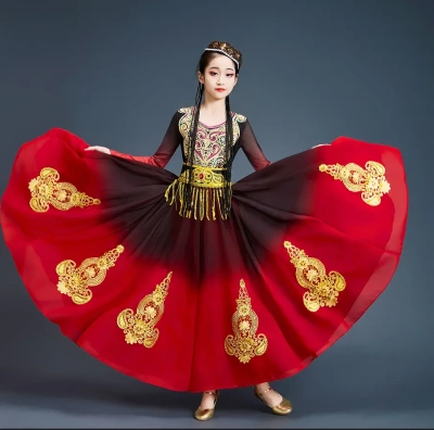 新疆舞蹈演出服儿童维吾尔族服饰女童维族服装古丽新疆舞连衣裙冬