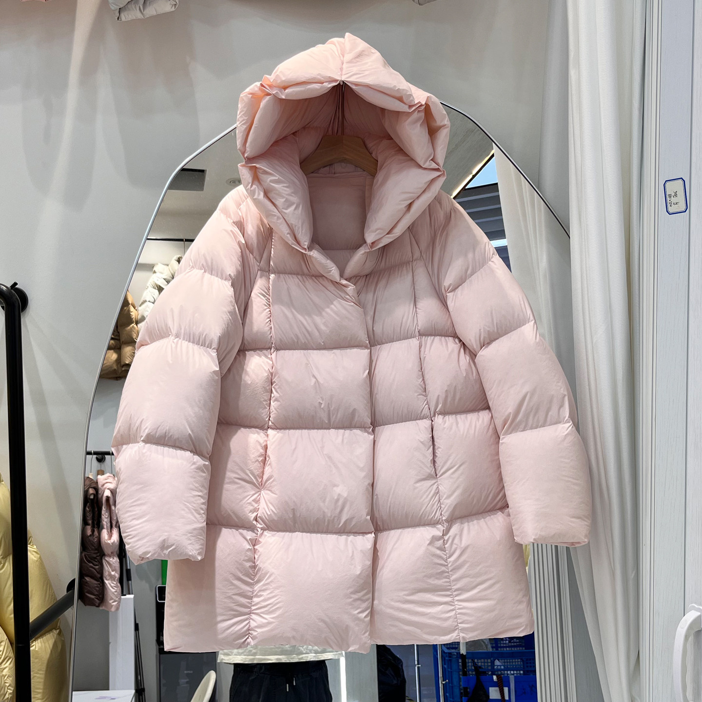 韩式95%白鸭绒连帽中长款羽绒服