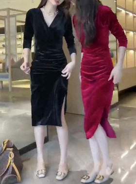 今年流行特惠22795大爱美依缘2025秋冬新款韩版丝绒连衣裙V领长袖