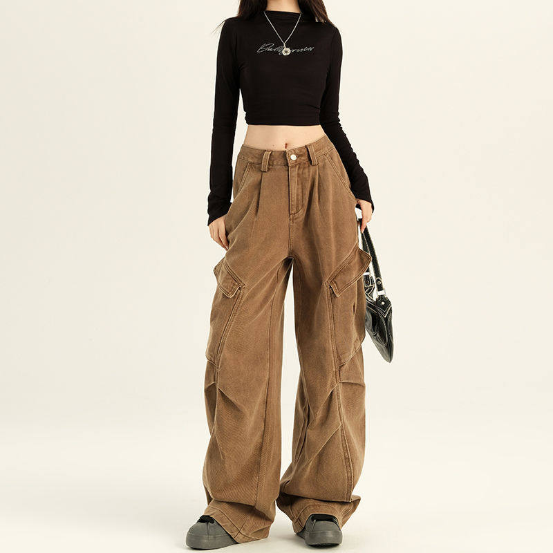 今年流行特惠工装裤女款春秋季美式高街复古美拉德棕咖色褶皱多