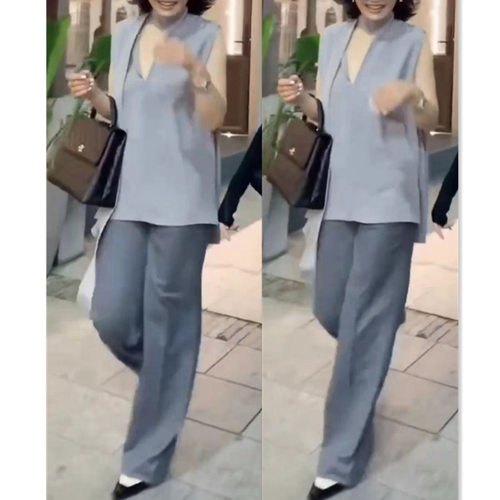 今年流行特惠88287大爱美依缘2025新款无袖V领上衣高腰阔腿长裤