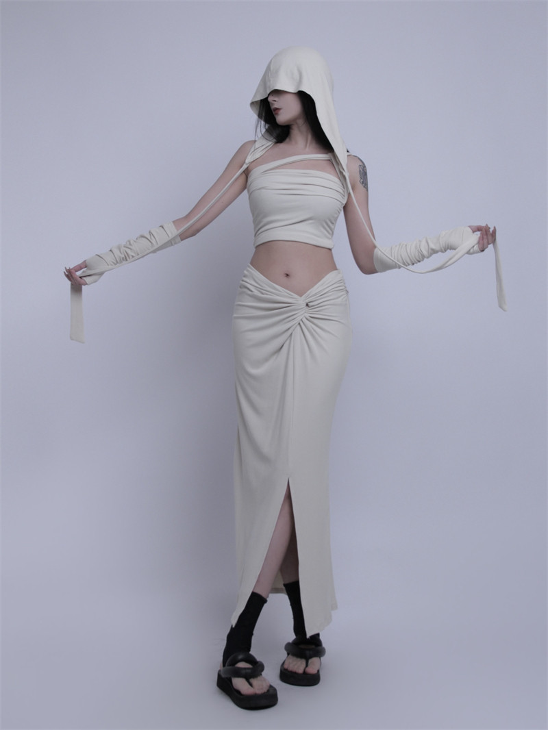 Dune wasteland style niche design hot girl high-end hollowed-out hooded strapless bodycon skirt set for women's fashion