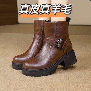 妈妈鞋子棉鞋女款马丁靴冬季加绒女鞋英伦风女士皮鞋高跟厚底短靴
