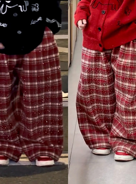 Jimmy妈童装【满天星钻】冬新款儿童红色格子闪闪加绒弯刀裤长裤