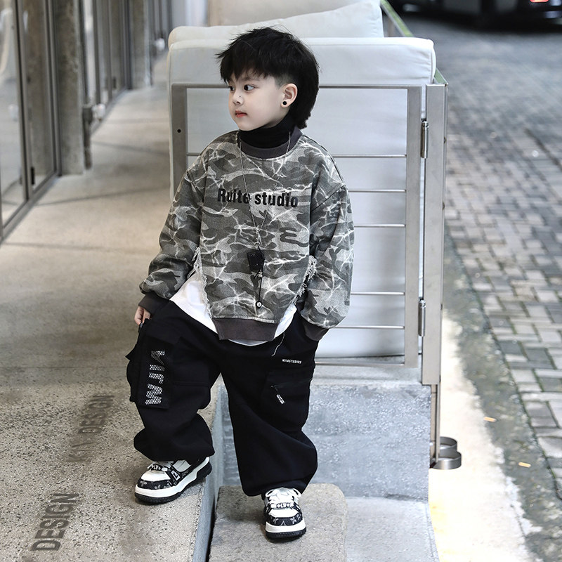 Jimmy妈童装【潮酷战场】冬加绒白色T恤重工设计假两件迷彩卫衣