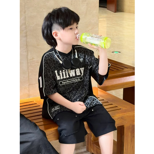 Jimmy妈童装【美式球衣】夏季·豹纹拼接休闲运动短袖T恤