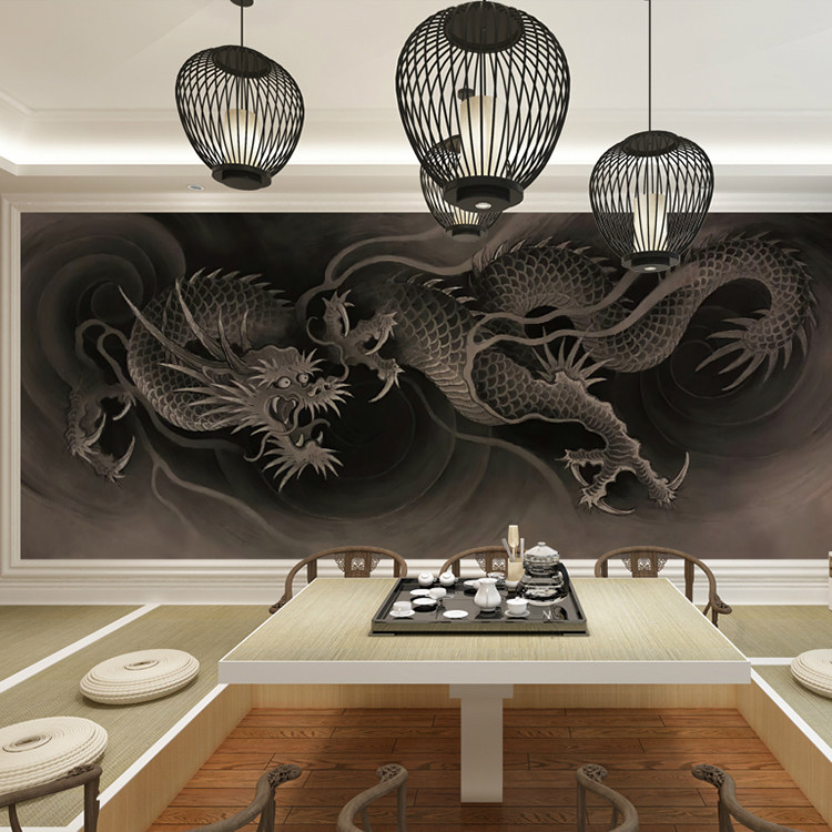 纹身店墙纸背景墙壁画装饰背景布龙传统壁纸刺青中国龙挂布墙布