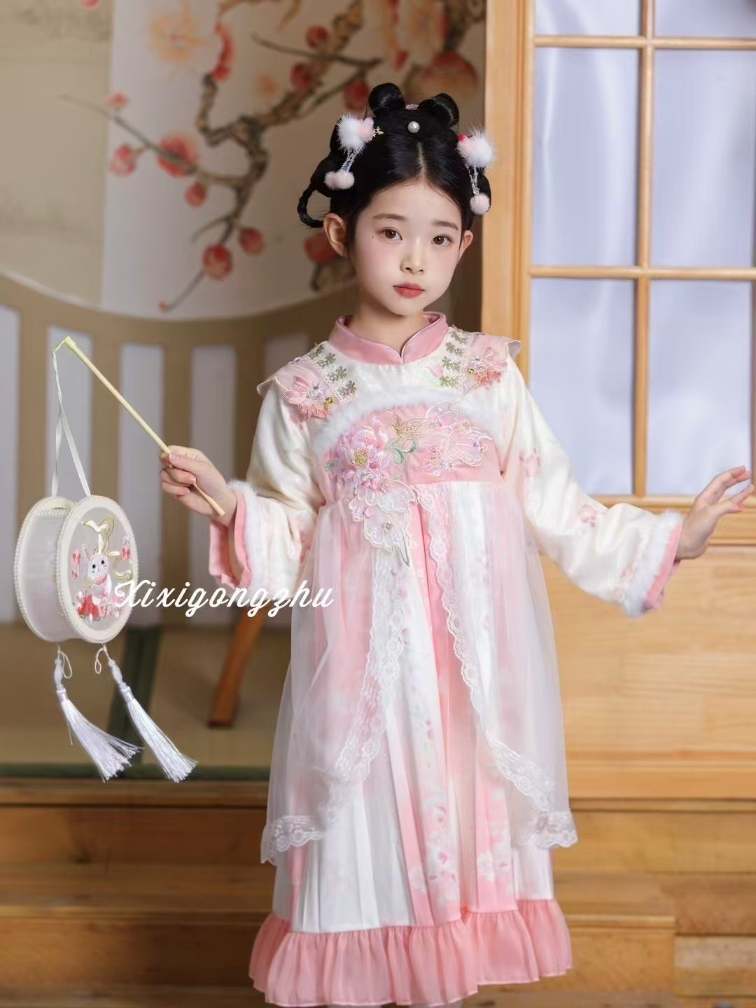 女童冬装汉服襦裙古风唐装加厚中国风连衣裙子拜年服汉服加绒粉色