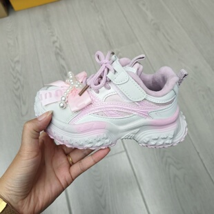 爱森嘉尔女童运动鞋秋冬款珍珠蝴蝶结儿童鞋子加绒保暖女孩老爹鞋