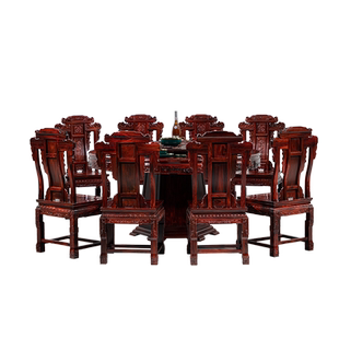 红木圆桌印尼黑酸枝木圆台餐桌 阔叶黄檀餐桌椅组合雕花红木饭桌