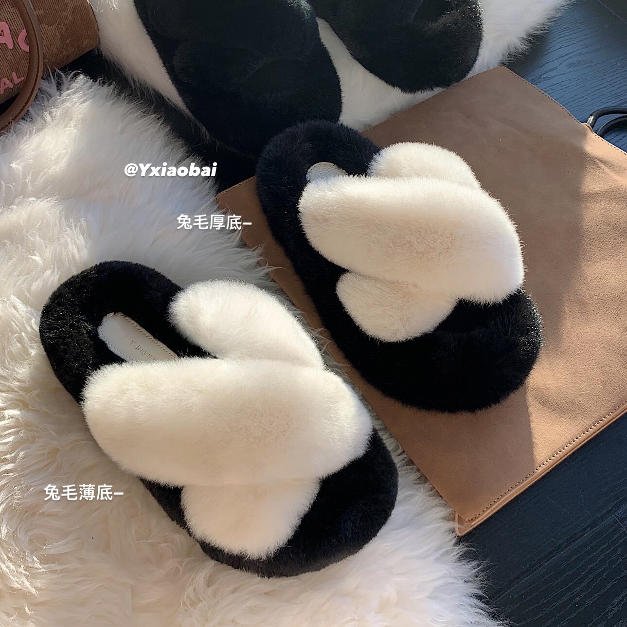 原小白 百分百兔毛厚底增高7cm2024秋冬兔毛拖鞋韩版拼色毛毛拖