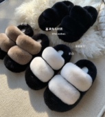 原小白白增高5.5cm百分百真兔毛厚底毛毛拖鞋 耐脏拼色毛绒拖鞋 女