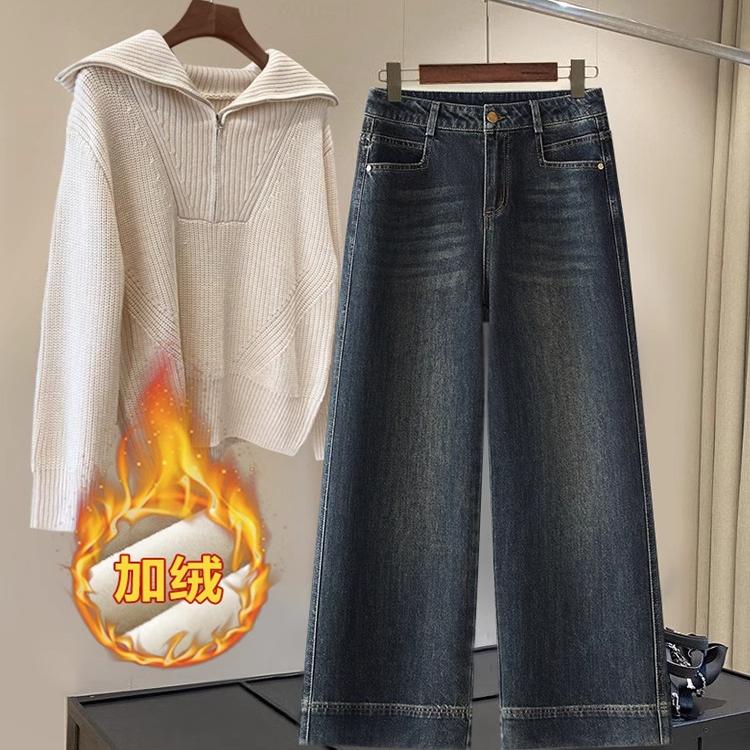 阔腿牛仔裤高腰加绒加厚宽松休闲