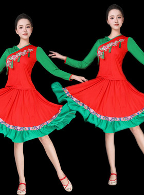 广场舞服装新款套装春夏中袖团队民族演出舞蹈服大摆裙跳舞衣服