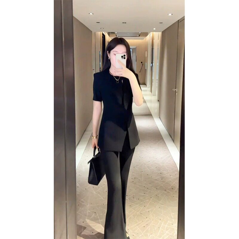 3031大码女装干练轻奢高级感小香风短袖上衣微喇裤子职业套装胖mm