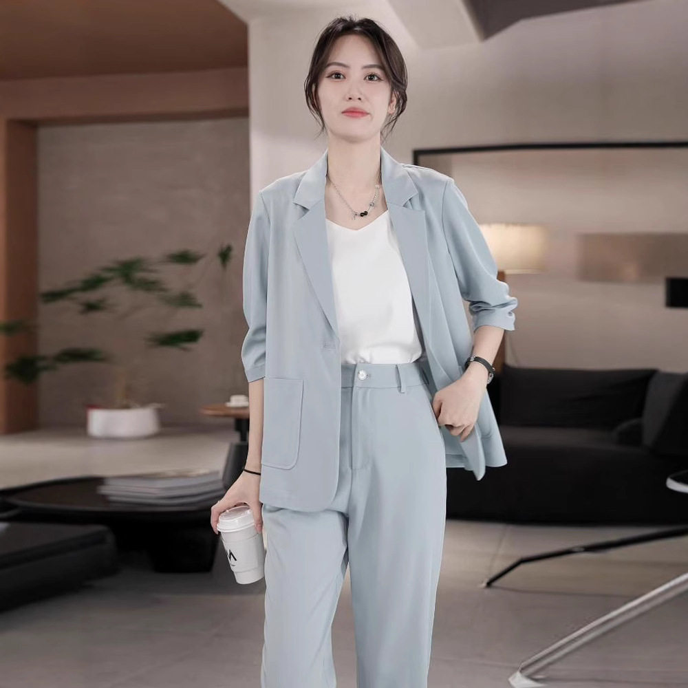 2747大码女装韩版气质显瘦薄款小西装套装胖mm九分小脚裤两件套