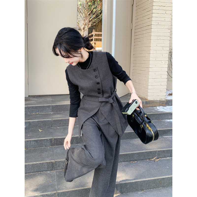 2913大码女装中长款马甲阔腿裤套装胖mm无袖外套马夹背心两件套