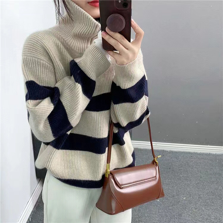 含羊毛半拉链撞色毛衣女外穿