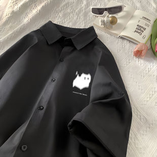 潮牌冰丝短袖衬衫男生夏季2025新款薄款潮牌印花五分半袖衬衣外套