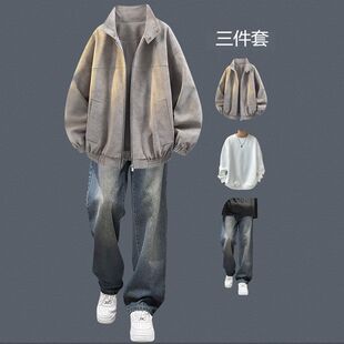 时髦宽松外套青少年宽松三件套 痞帅气套装 美式 复古皮夹克男生春季