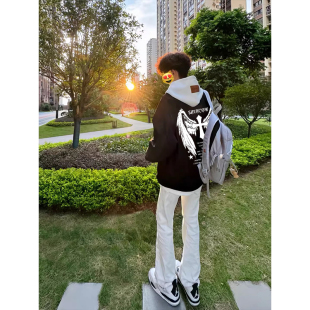 国潮美式十字架印花飞行夹克黑色棒球服男春秋季宽松拉链百搭外套