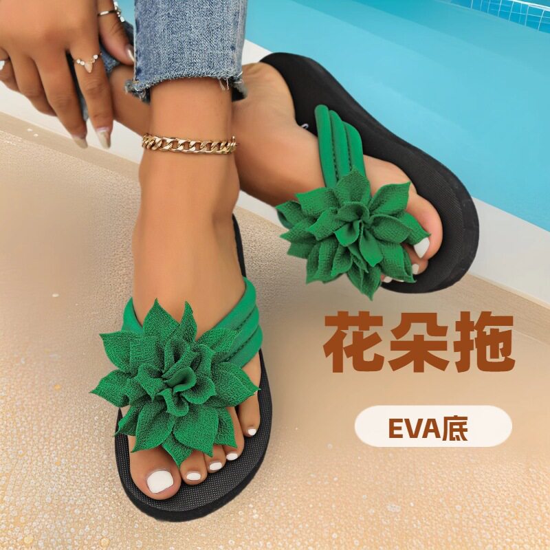 大码花朵夹趾人字拖鞋女夏季平底拖鞋沙滩鞋度假凉拖鞋时尚女鞋