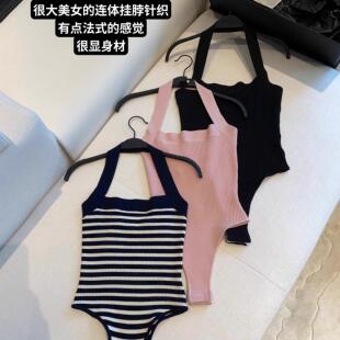 强推 自留三色挂脖连体衣显身材显瘦百搭气质针织吊带女
