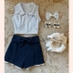 通勤套装 纯情女高 短裤 衬衫 原创设计藏蓝色条纹无袖