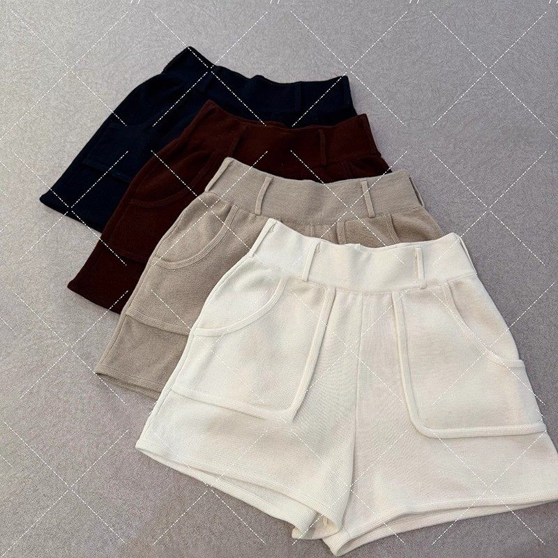 松弛感慵懒口袋绵羊毛针织短裤女秋冬百搭显瘦高腰休闲裤