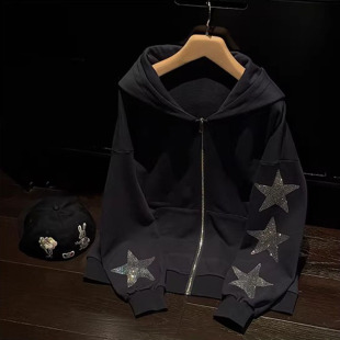 连帽卫衣早春复古星星烫钻拉链外套女 美式 忧郁 蓝
