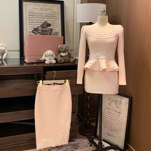 手工钉珠长短半裙套装 蕴藏娇柔 挺阔蕾丝刺绣上衣