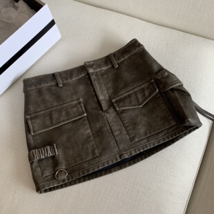 手工擦色破旧复古工艺时髦皮短裙女秋自带安全裤半身裙