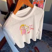 洋气独特别致上衣2024新款 设计感 早秋白色印花T恤女长袖