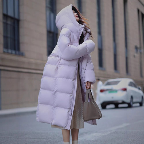340g加厚轻薄保暖显瘦鹅绒服女充绒连帽过膝长款外套羽绒服女防寒