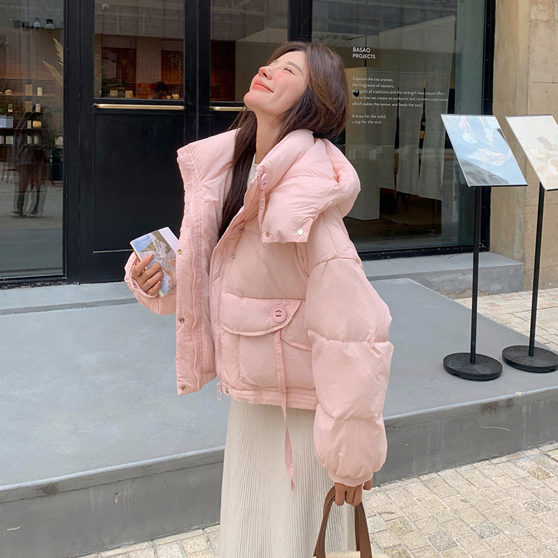白鸭绒连帽羽绒服女短款加厚粉色2025冬季新款面包服保暖外套百搭