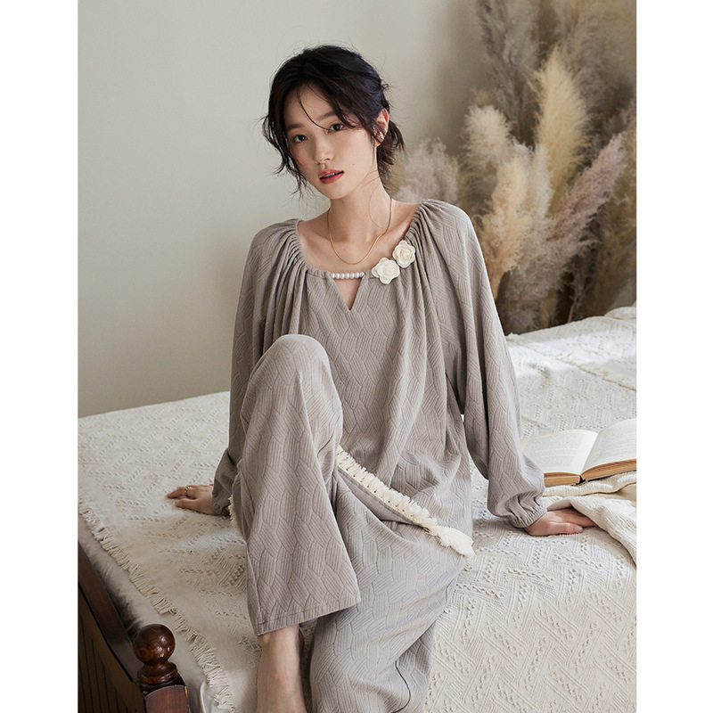 睡衣女士春秋款长袖两件套时尚高级感玫瑰花可外穿家居服秋季套装