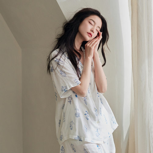 睡衣女夏季梭织棉短袖薄款凉感宽松天竹纱棉可外穿短裤家居服套装
