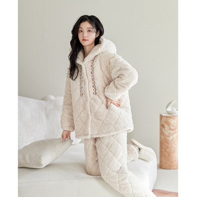 【防静电】夹棉睡衣女款冬季珊瑚绒三层加厚连帽时尚可外穿家居服