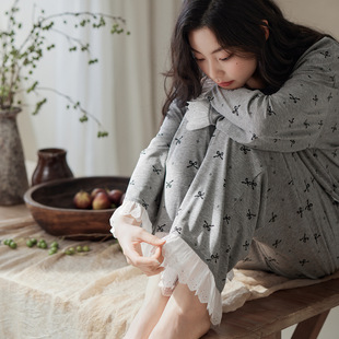 秋天睡衣女款纯棉长袖甜美蕾丝花边可外穿带胸垫套头家居服春秋季