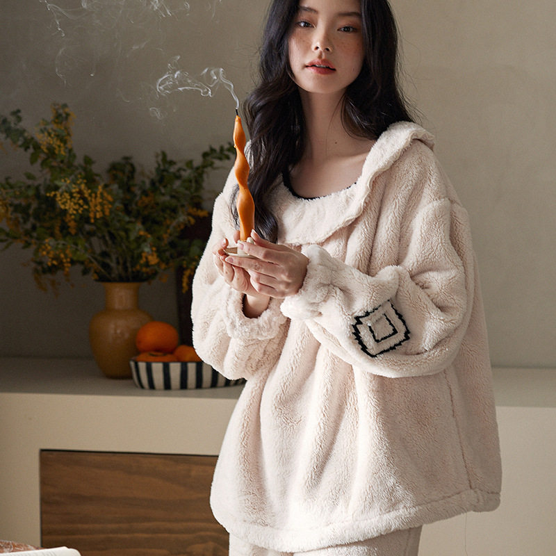 珊瑚绒睡衣女秋冬款加绒加厚可外穿圆领套头保暖法兰绒家居服冬季